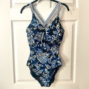Tommy Bahama Size 10 Blue White Cross Back Straps One Piece Swimsuit Womens